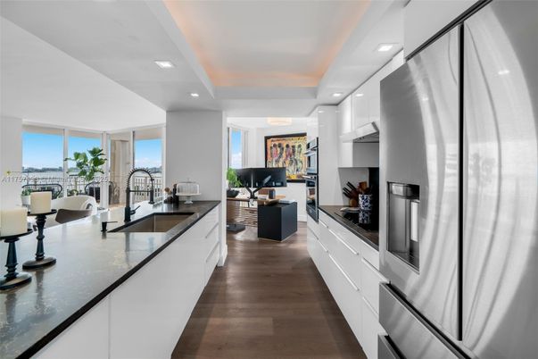 Interior, Kitchen, Living room, Recessed Lighting, Stainless Steel Appliances, Wood Texture Flooring