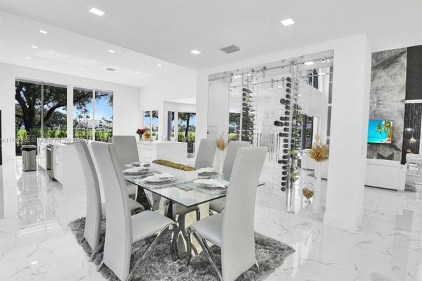 Dining room, Fireplace, Interior, Marble, Recessed Lighting