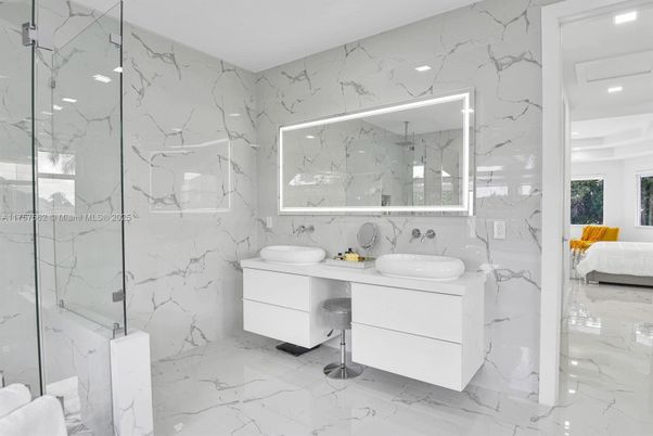 Bathroom, Glass Shower, Interior, Marble, Marble Walls, Recessed Lighting