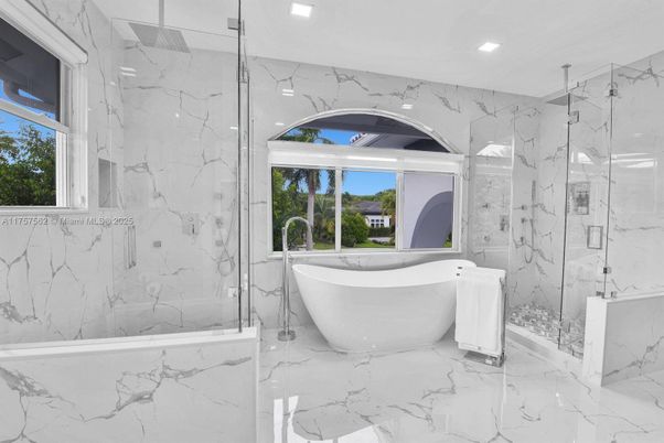 Bathroom, Free Standing Baths, Glass Shower, Interior, Marble, Marble Walls, Recessed Lighting