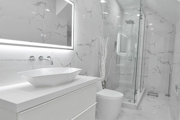 Bathroom, Glass Shower, Interior, Marble, Marble Walls, Recessed Lighting