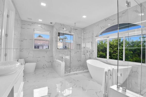 Bathroom, Free Standing Baths, Glass Shower, Interior, Marble, Marble Walls, Recessed Lighting