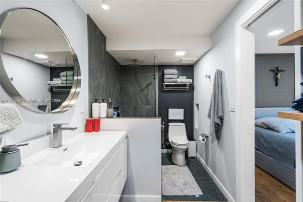 Bathroom, Glass Shower, Interior, Recessed Lighting, Wood Texture Flooring
