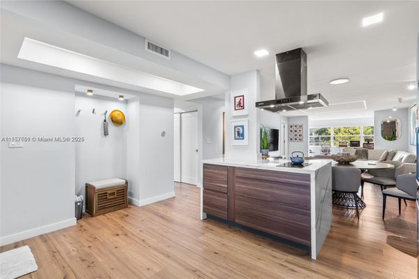 Dining room, Interior, Kitchen, Living room, Recessed Lighting, Wood Texture Flooring