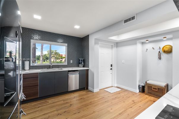 Interior, Kitchen, Recessed Lighting, Stainless Steel Appliances, Wood Texture Flooring