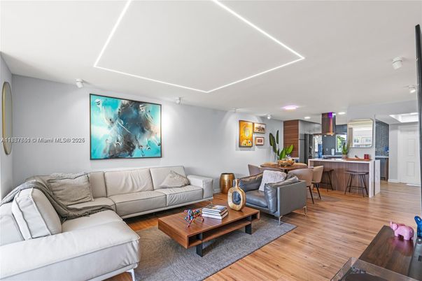 Dining room, Interior, Kitchen, Living room, Recessed Lighting, Wood Texture Flooring