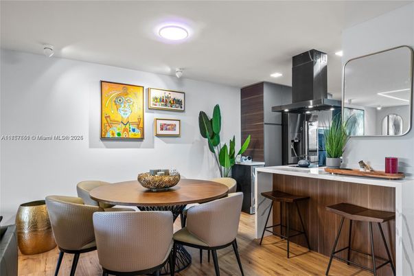 Dining room, Interior, Kitchen, Recessed Lighting, Stainless Steel Appliances, Wood Texture Flooring
