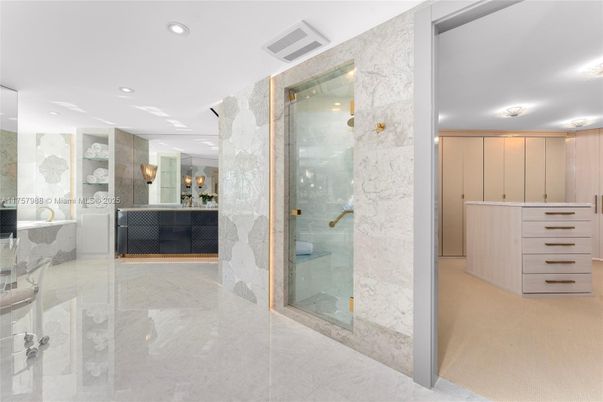 Bathroom, Glass Shower, Interior, Marble Walls, Recessed Lighting