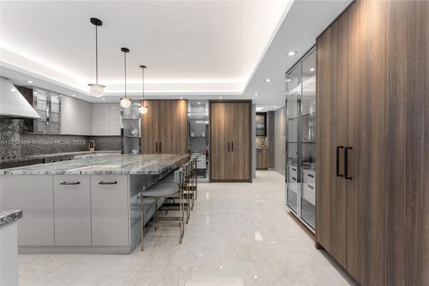Interior, Kitchen, Marble, Pendant Lights, Recessed Lighting, Stainless Steel Appliances