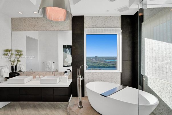 Bathroom, Dual Sink Vanities, Free Standing Baths, Interior, Recessed Lighting, Wood Texture Flooring