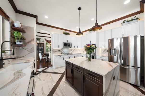 Interior, Kitchen, Marble, Pendant Lights, Recessed Lighting, Stainless Steel Appliances