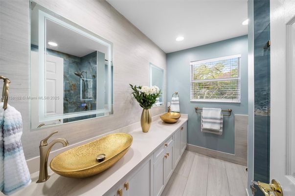 Bathroom, Dual Sink Vanities, Interior, Recessed Lighting, Wood Texture Flooring