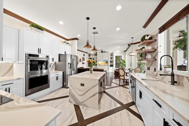 Dining room, Interior, Kitchen, Marble, Pendant Lights, Recessed Lighting, Stainless Steel Appliances