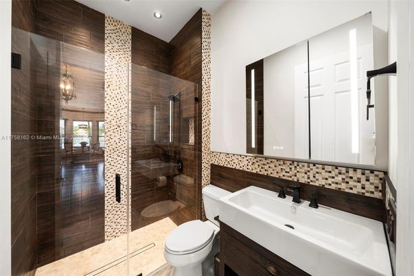 Bathroom, Glass Shower, Interior, Recessed Lighting, Wooden Walls