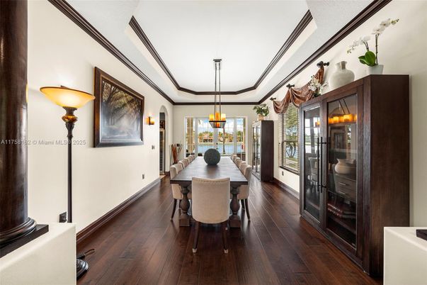 Dining room, Interior, Pendant Lights, Wood Texture Flooring