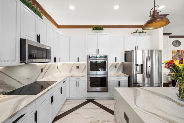 Interior, Kitchen, Marble, Pendant Lights, Recessed Lighting, Stainless Steel Appliances