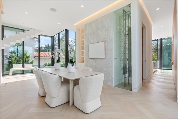Dining room, Interior, Recessed Lighting, Wood Texture Flooring