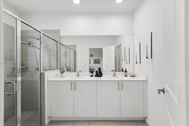 Bathroom, Dual Sink Vanities, Glass Shower, Interior, Recessed Lighting