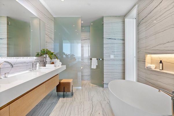 Bathroom, Dual Sink Vanities, Free Standing Baths, Glass Shower, Interior, Marble, Marble Walls, Recessed Lighting