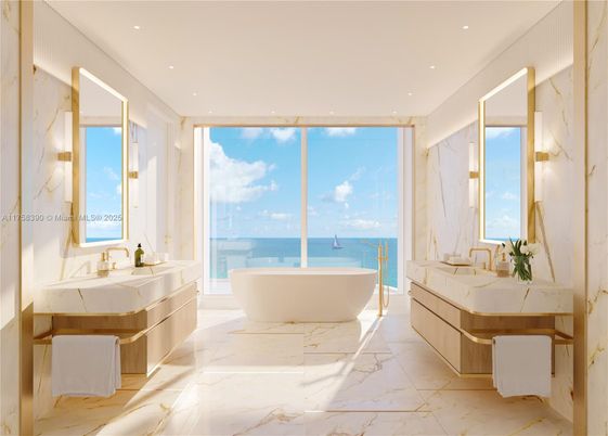 Bathroom, Dual Sink Vanities, Free Standing Baths, Interior, Marble, Marble Walls, Recessed Lighting, Water