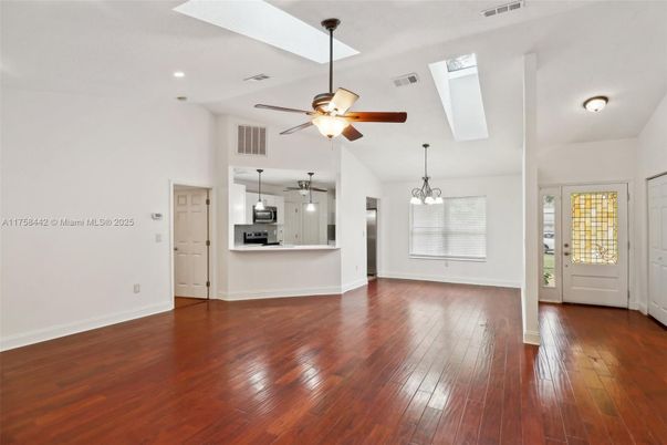 Chandelier, Empty room, Interior, Kitchen, Pendant Lights, Recessed Lighting, Wood Texture Flooring