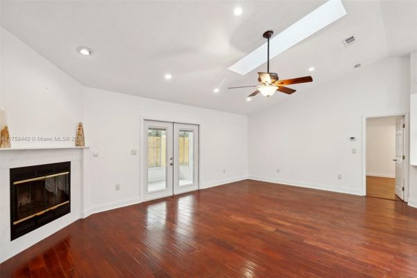 Empty room, Fireplace, Interior, Recessed Lighting, Wood Texture Flooring