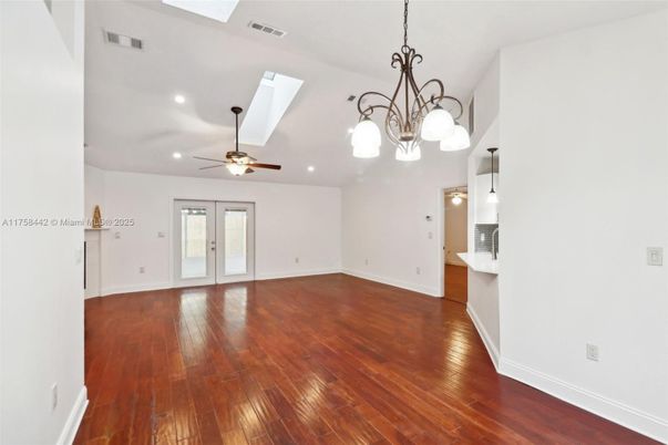 Empty room, Interior, Pendant Lights, Recessed Lighting, Wood Texture Flooring