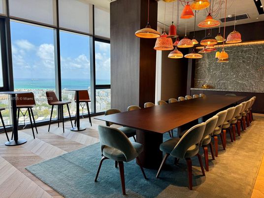 Dining room, Interior, Pendant Lights, Water, Wood Texture Flooring