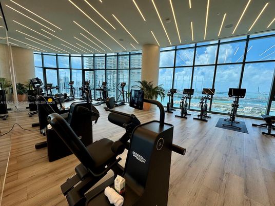 Fitness Equipment, Gym, Interior, Recessed Lighting, Wood Texture Flooring
