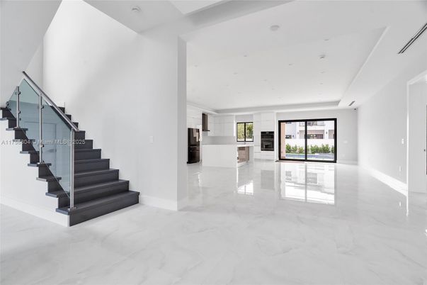 Empty room, Interior, Kitchen, Marble, Recessed Lighting, Stainless Steel Appliances