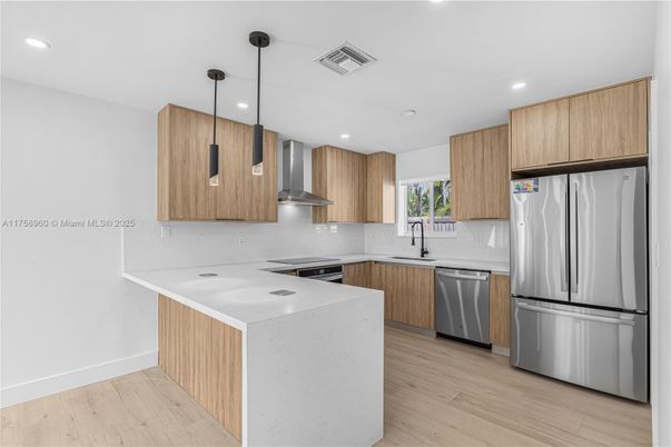Interior, Kitchen, Pendant Lights, Recessed Lighting, Stainless Steel Appliances, Wood Texture Flooring