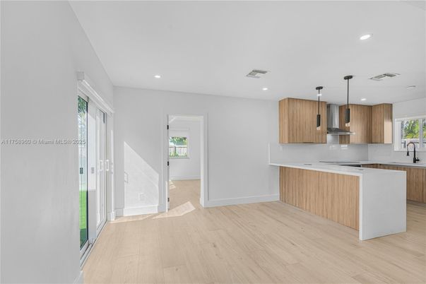 Interior, Kitchen, Pendant Lights, Recessed Lighting, Wood Texture Flooring
