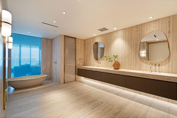 Bathroom, Dual Sink Vanities, Free Standing Baths, Interior, Recessed Lighting, Wood Texture Flooring