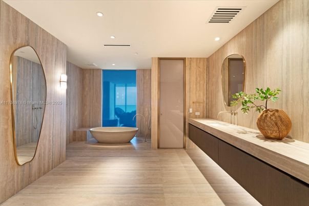 Bathroom, Dual Sink Vanities, Free Standing Baths, Interior, Recessed Lighting, Wood Texture Flooring, Wooden Walls