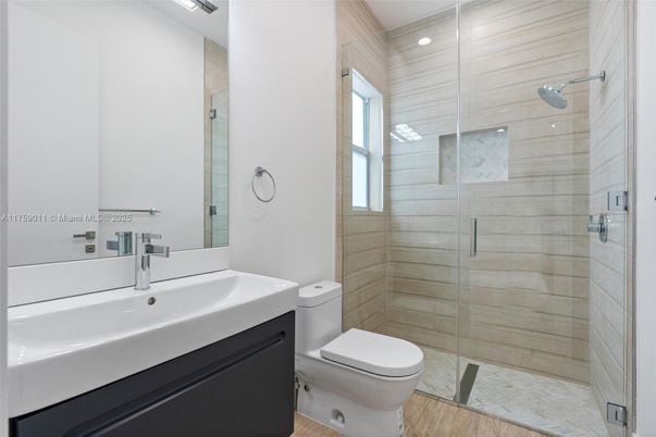 Bathroom, Glass Shower, Interior, Recessed Lighting, Wood Texture Flooring