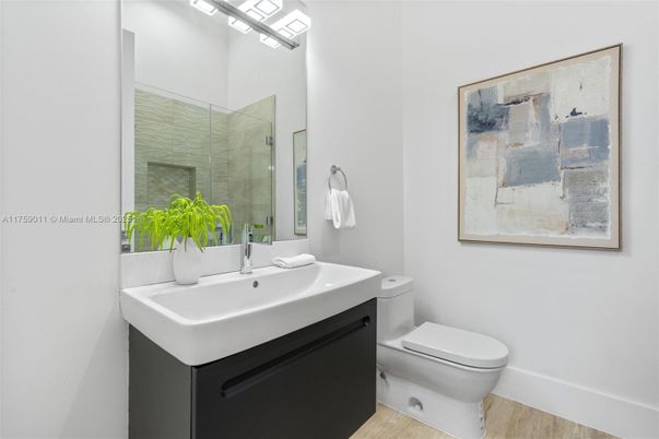 Bathroom, Glass Shower, Interior, Wood Texture Flooring