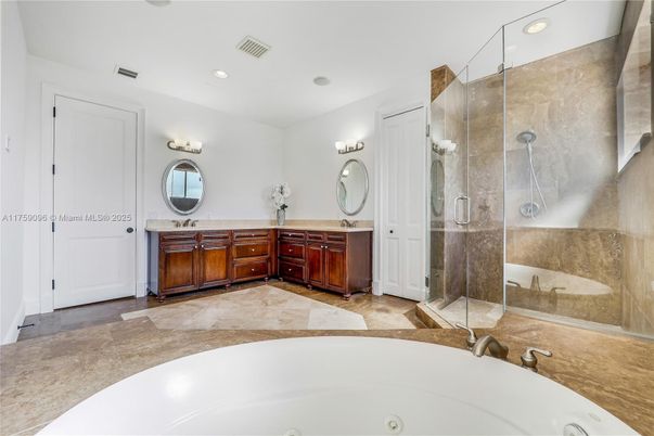Bathroom, Dual Sink Vanities, Glass Shower, Interior, Recessed Lighting
