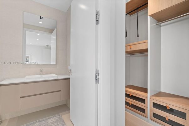 Bathroom, Dual Sink Vanities, Interior, Recessed Lighting, Sauna Room, Walk-in Closets