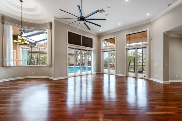 Empty room, Interior, Pendant Lights, Recessed Lighting, Wood Texture Flooring