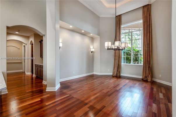 Chandelier, Empty room, Interior, Recessed Lighting, Wood Texture Flooring