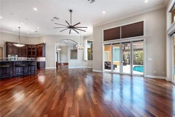 Empty room, Interior, Kitchen, Pendant Lights, Recessed Lighting, Wood Texture Flooring