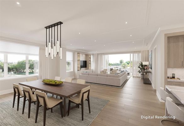 Dining room, Interior, Living room, Pendant Lights, Recessed Lighting, Wood Texture Flooring