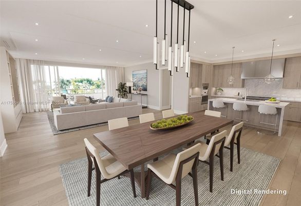 Dining room, Interior, Kitchen, Living room, Pendant Lights, Recessed Lighting, Stainless Steel Appliances, Wood Texture Flooring