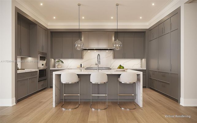 Interior, Kitchen, Marble Walls, Pendant Lights, Recessed Lighting, Stainless Steel Appliances, Wood Texture Flooring