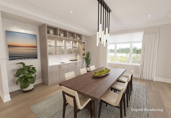 Dining room, Interior, Pendant Lights, Recessed Lighting, Wood Texture Flooring