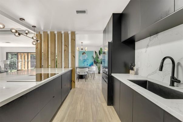 Dining room, Interior, Marble Walls, Pendant Lights, Wood Texture Flooring