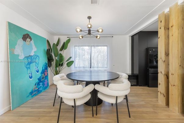 Dining room, Interior, Pendant Lights, Wood Texture Flooring