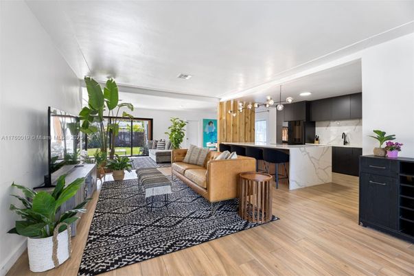 Interior, Kitchen, Living room, Marble Walls, Pendant Lights, Recessed Lighting, Wood Texture Flooring