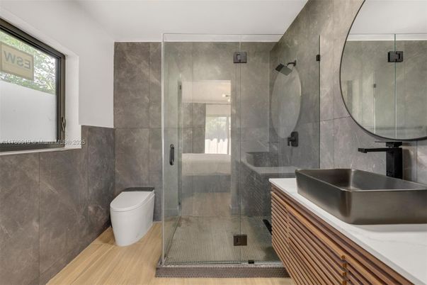 Bathroom, Glass Shower, Interior, Wood Texture Flooring