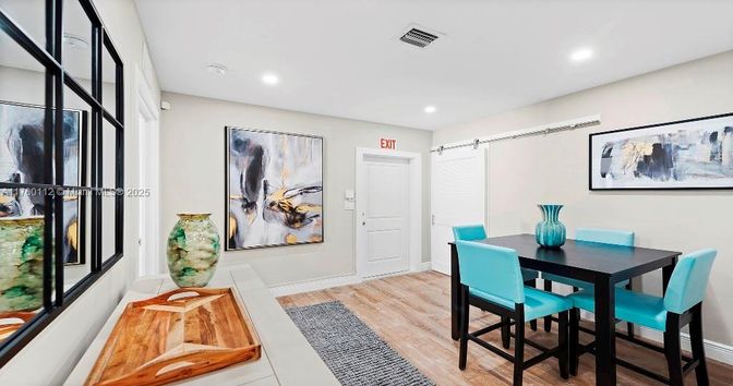 Dining room, Interior, Recessed Lighting, Wood Texture Flooring